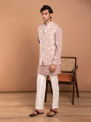 MULMUL BROWN COTTON EMBROIDERED KURTA-PANT-JACKET SET