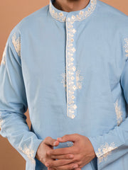 MULMUL JAHAN BLUE COTTON EMBROIDERED KURTA-PANT SET