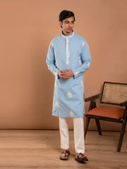 MULMUL JAHAN BLUE COTTON EMBROIDERED KURTA-PANT SET