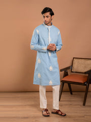 MULMUL JAHAN BLUE COTTON EMBROIDERED KURTA-PANT SET