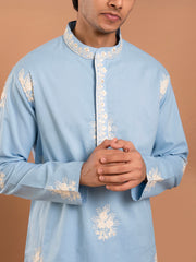 MULMUL JAHAN BLUE COTTON EMBROIDERED KURTA-PANT SET