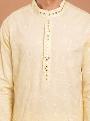 MULMUL TARAK YELLOW EMBROIDERED KURTA-PANT SET