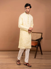MULMUL TARAK YELLOW EMBROIDERED KURTA-PANT SET