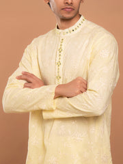 MULMUL TARAK YELLOW EMBROIDERED KURTA-PANT SET
