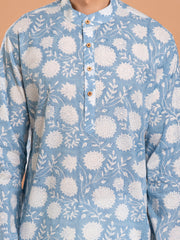 MULMUL MEN'S BLUE FLORAL HAND BLOCK PRINTED KURTA-PANT SET