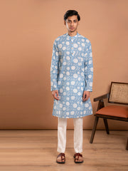 MULMUL MEN'S BLUE FLORAL HAND BLOCK PRINTED KURTA-PANT SET