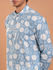 MULMUL MEN'S BLUE FLORAL HAND BLOCK PRINTED KURTA-PANT SET