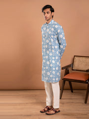 MULMUL MEN'S BLUE FLORAL HAND BLOCK PRINTED KURTA-PANT SET