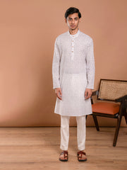 MULMUL WHITE HAND BLOCK PRINTED KURTA-PANT SET