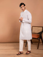 MULMUL WHITE HAND BLOCK PRINTED KURTA-PANT SET