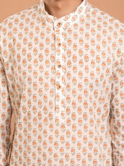 MULMUL OFF-WHITE HAND BLOCK PRINTED KURTA-PANT SET