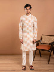 MULMUL OFF-WHITE HAND BLOCK PRINTED KURTA-PANT SET