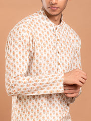 MULMUL OFF-WHITE HAND BLOCK PRINTED KURTA-PANT SET