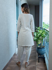 MULMUL AIZAH BLOCK PRINTED KURTA & TULIP PANTS SET