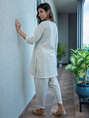 MULMUL AIZAH BLOCK PRINTED KURTA & TULIP PANTS SET