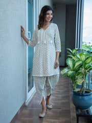 MULMUL AIZAH BLOCK PRINTED KURTA & TULIP PANTS SET
