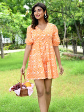 MULMUL ORANGE FRANGIPANI BLOCK PRINTED MINI DRESS