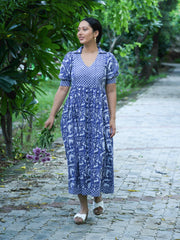 MULMUL ANAKA BLOCK PRINTED FLARED DRESS