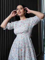 MULMUL SRIYA FLORAL JAAL BLOCK PRINTED DRESS