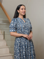 MULMUL NAVY FLORAL JAAL BLOCK PRINTED DRESS