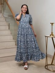 MULMUL NAVY FLORAL JAAL BLOCK PRINTED DRESS