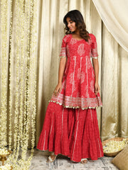 MULMUL AANADHI RED BLOCK PRINTED FLARED KURTA-SHARARA & DUPATTA SET