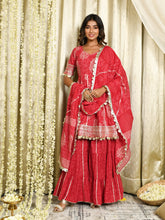 MULMUL AANADHI RED BLOCK PRINTED FLARED KURTA-SHARARA & DUPATTA SET