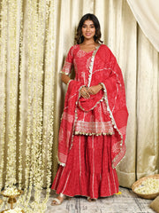 MULMUL AANADHI RED BLOCK PRINTED FLARED KURTA-SHARARA & DUPATTA SET