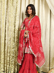 MULMUL AANADHI RED BLOCK PRINTED FLARED KURTA-SHARARA & DUPATTA SET