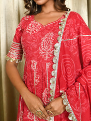 MULMUL AANADHI RED BLOCK PRINTED FLARED KURTA-SHARARA & DUPATTA SET
