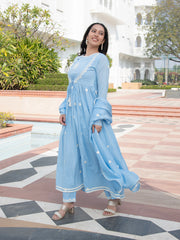MULMUL AMAYAH EMBROIDERED GATHERED KURTA-PANT & DUPATTA SET