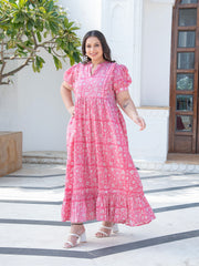 MULMUL PINK FLORAL JAAL BLOCK PRINTED DRESS