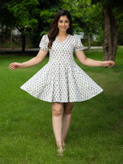 MULMUL DEA BLOCK PRINTED FIT & FLARED MINI DRESS