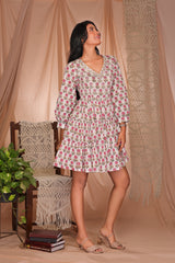 MULMUL FLORAL WHISPERS BLOCK PRINTED TIERED MINI DRESS