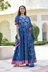 ADWETA BLOCK PRINTED PANELED DRESS WITH DUPATTA