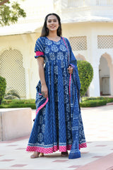 ADWETA BLOCK PRINTED PANELED DRESS WITH DUPATTA