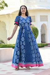 ADWETA BLOCK PRINTED PANELED DRESS WITH DUPATTA