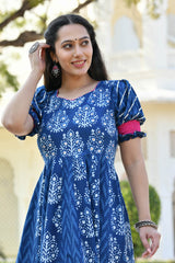 ADWETA BLOCK PRINTED PANELED DRESS WITH DUPATTA
