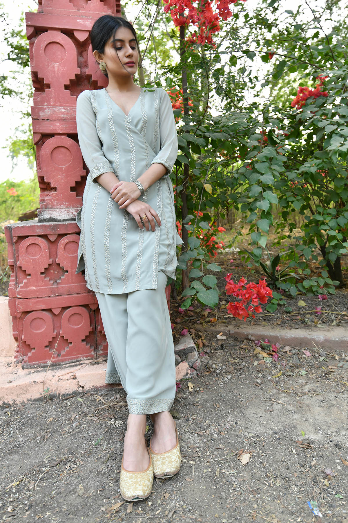 SAGE GREY SEQUIN ANGRAKHA KURTA SET
