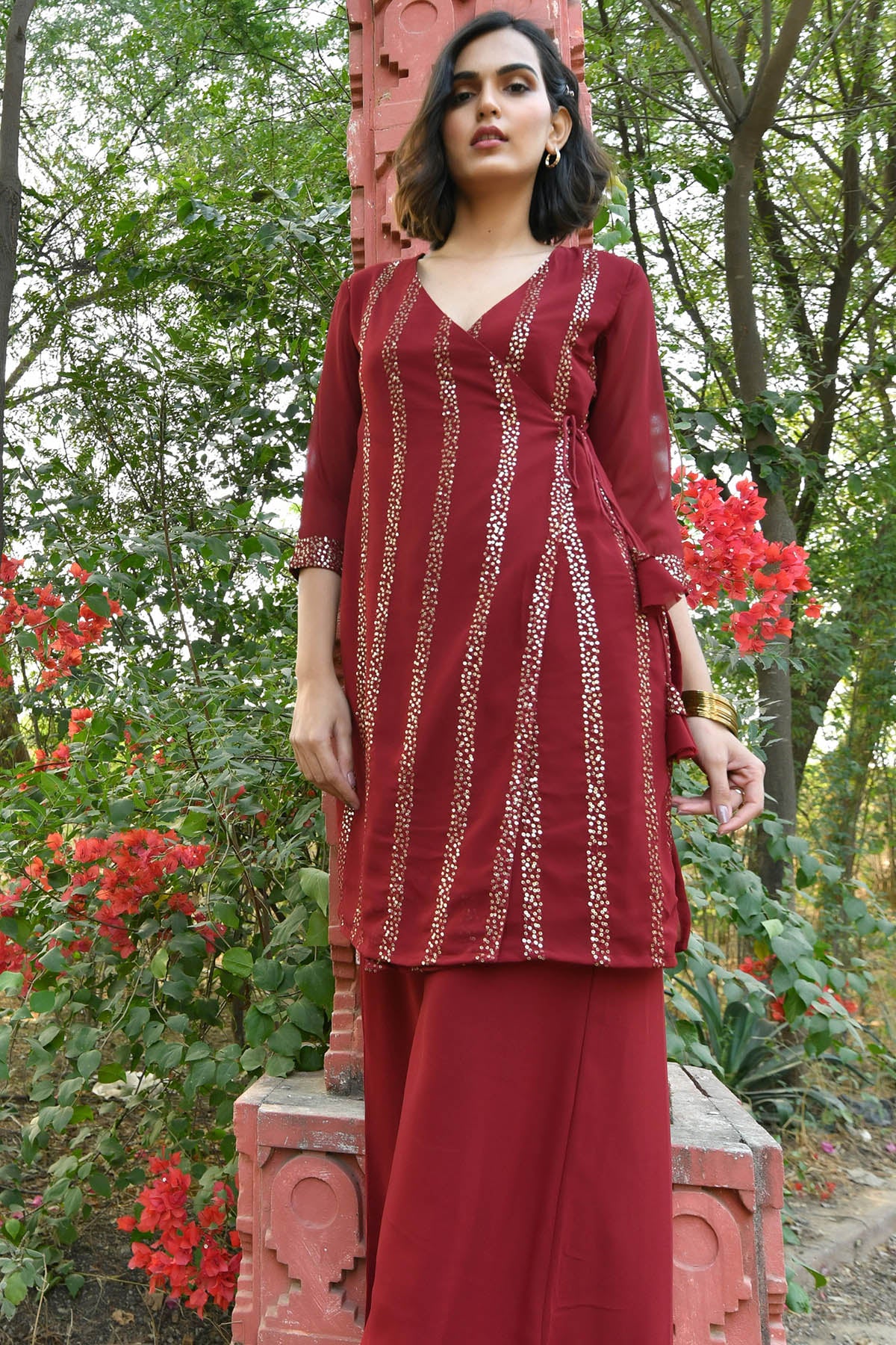 CHERRY MAROON SEQUIN ANGRAKHA KURTA SET