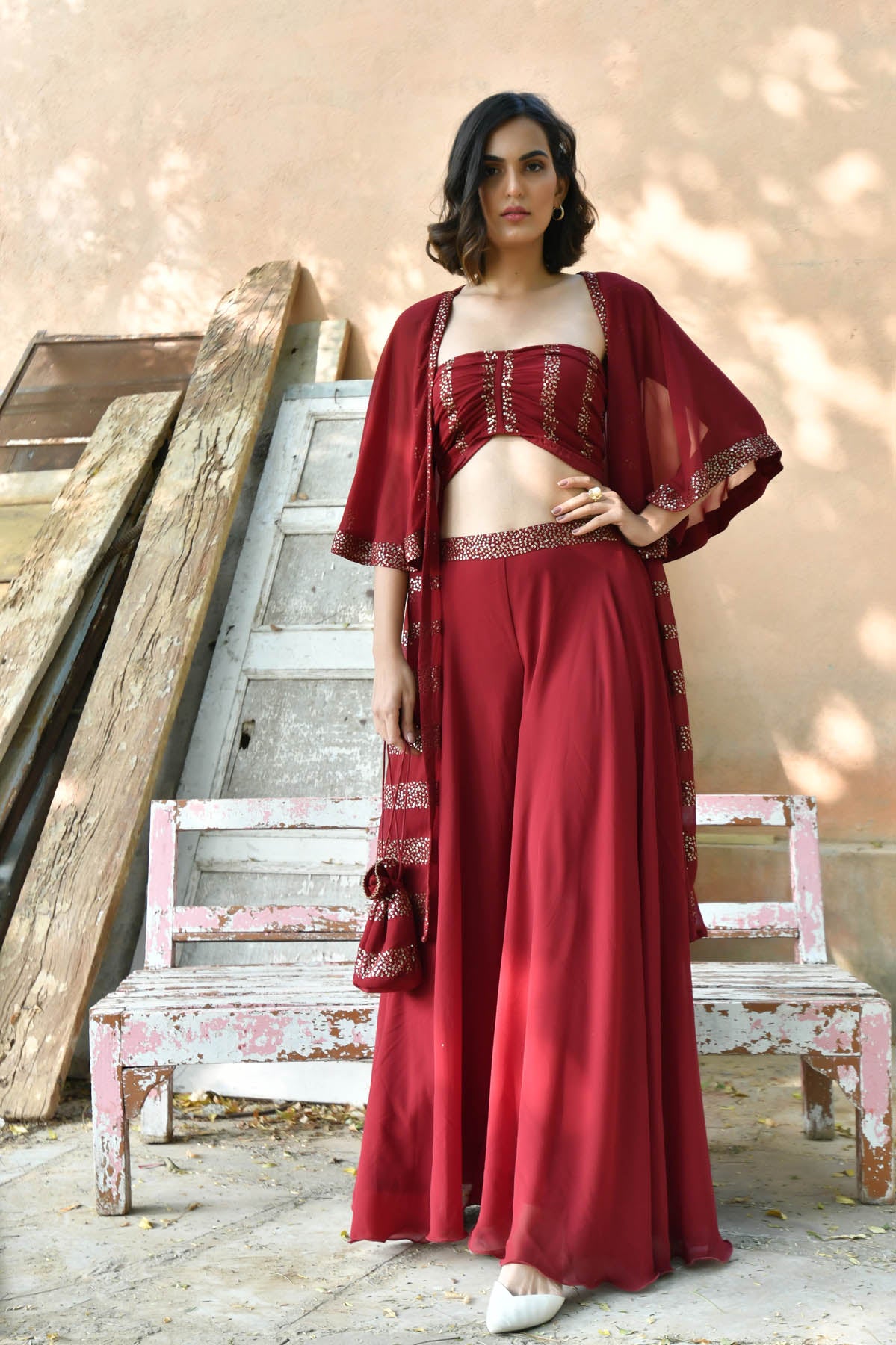 MAROON SEQUIN JACKET PLAZZO & BANDEAU TOP SET