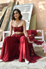 MAROON SEQUIN JACKET PLAZZO & BANDEAU TOP SET