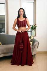 MAROON SEQUIN JACKET PLAZZO & BACK TIE BLOUSE SET