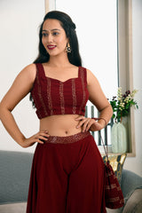 MAROON SEQUIN JACKET PLAZZO & BACK TIE BLOUSE SET