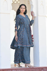 IDIKA INDIGO BLOCK PRINTED PANELED KURTA-PLAZZO SET