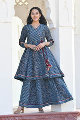 IDIKA INDIGO BLOCK PRINTED PANELED KURTA-PLAZZO SET