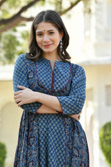 JAGVI INDIGO BLOCK PRINTED FLARED DRESS
