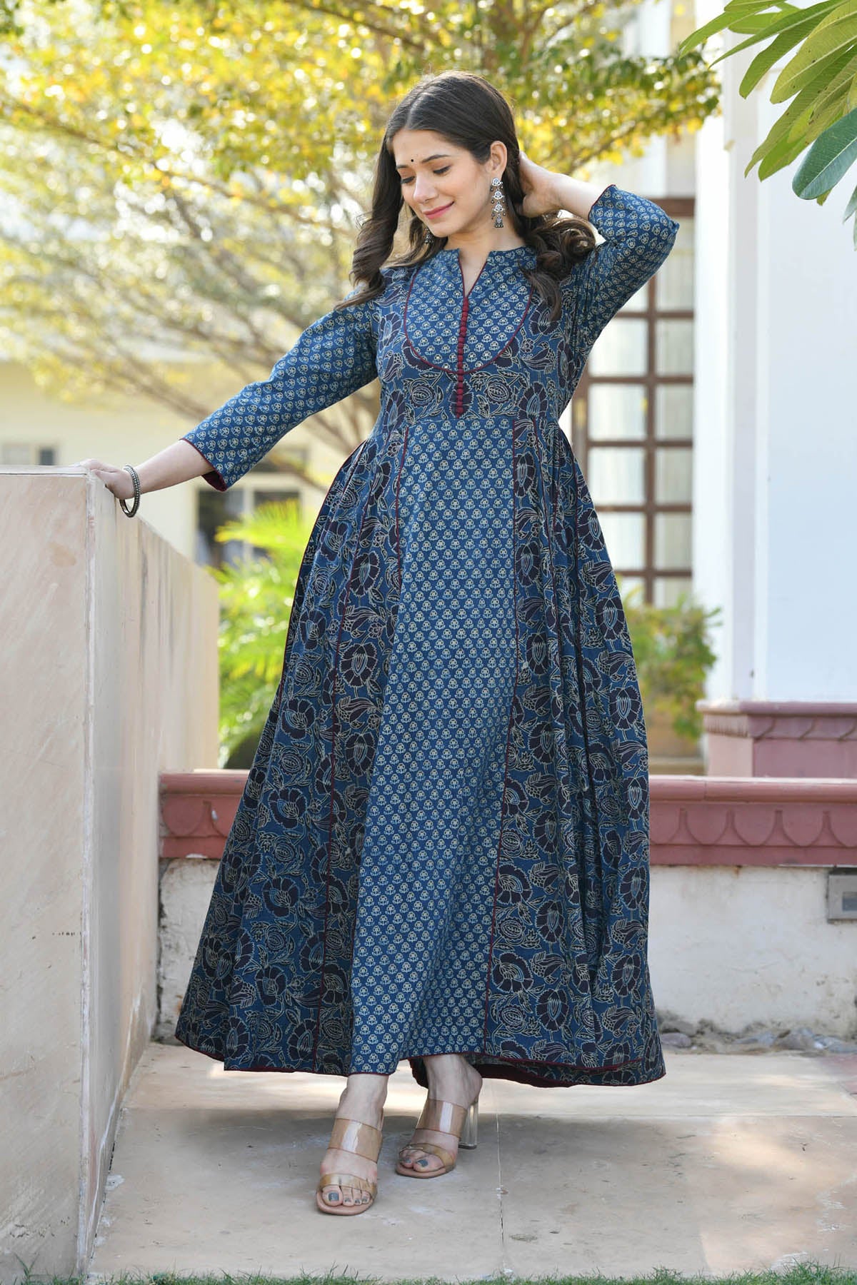 JAGVI INDIGO BLOCK PRINTED FLARED DRESS