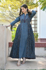 JAGVI INDIGO BLOCK PRINTED FLARED DRESS
