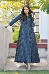 JAGVI INDIGO BLOCK PRINTED FLARED DRESS